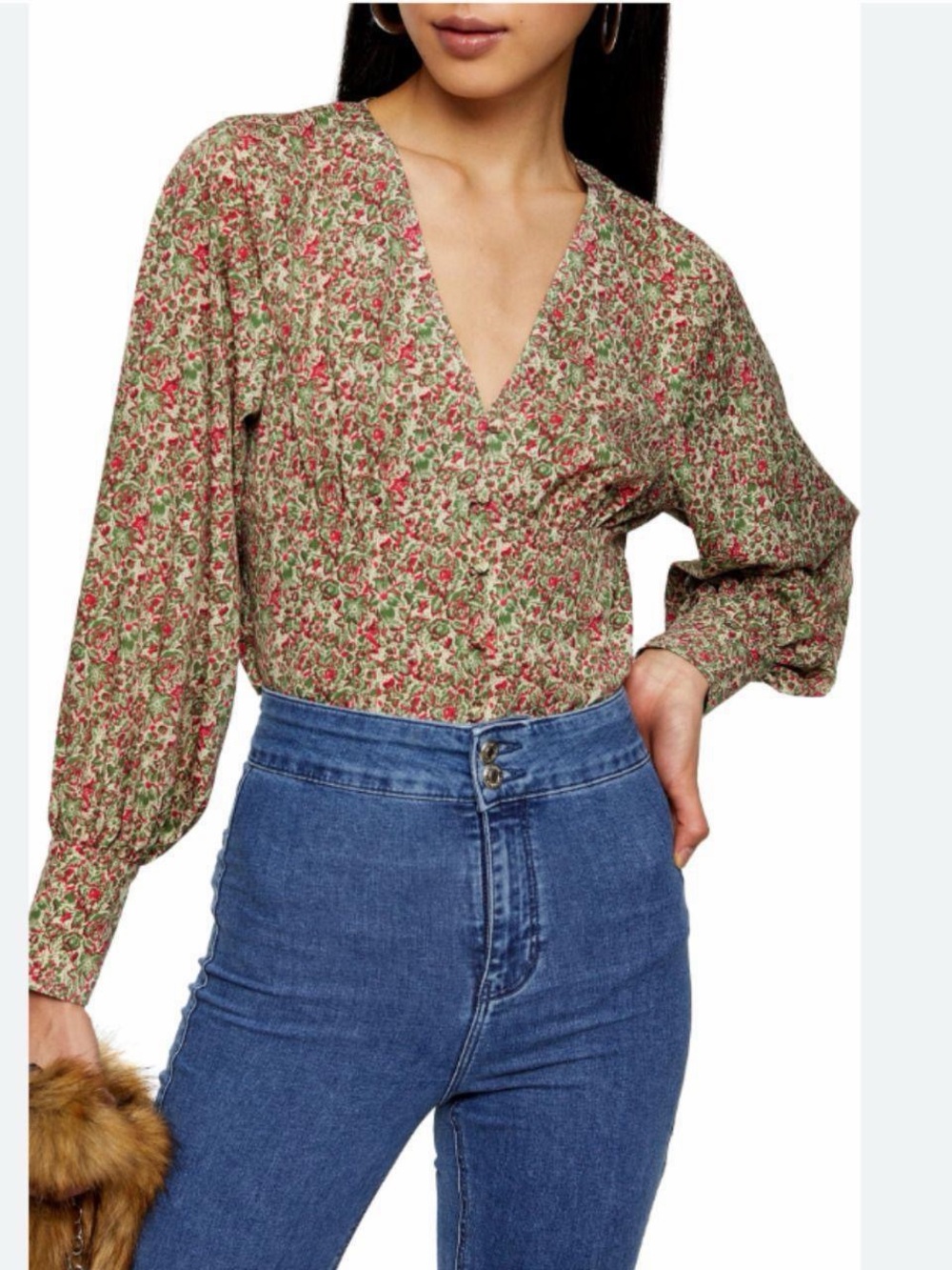 Topshop Corset Style Puff Sleeve Floral Peasant Blouse Size 4